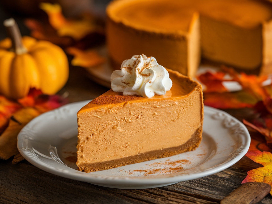 A slice of pumpkin spice cheesecake with whipped cream on a plate, surrounded by autumn decorations.